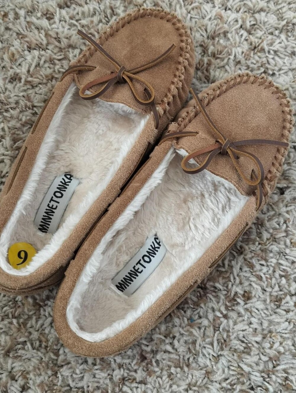 Minnetonka Tan Suede Fleece-Lined Moccasin Slippers